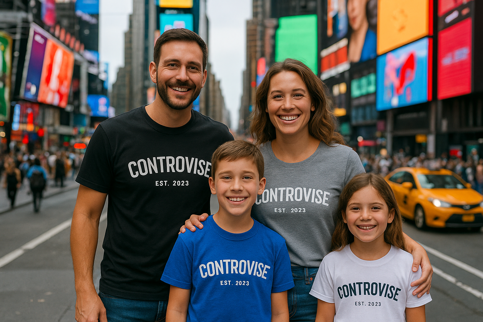 hey can u generate an image for my clothing brand where this family goes to times square and there family of 4 and there wearing out tshirt that says "Controvise" and below it "EST.2023" in a little word and make them wear different colors like black grey heather blue and white 
